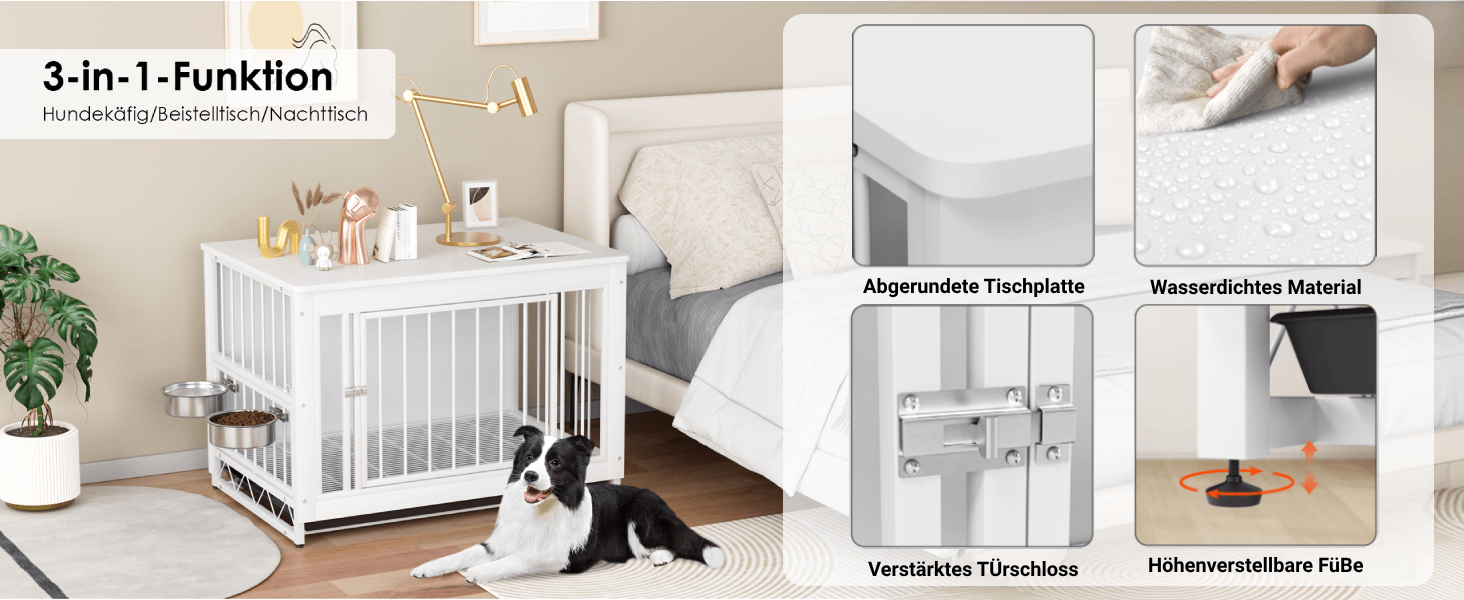 Клітка для собак для дому, дерев'яна собача будка 93x64x58 см, біла. Знімний піддон, 2 годівниці, двері. Для собак середніх та маленьких порід до 40 кг