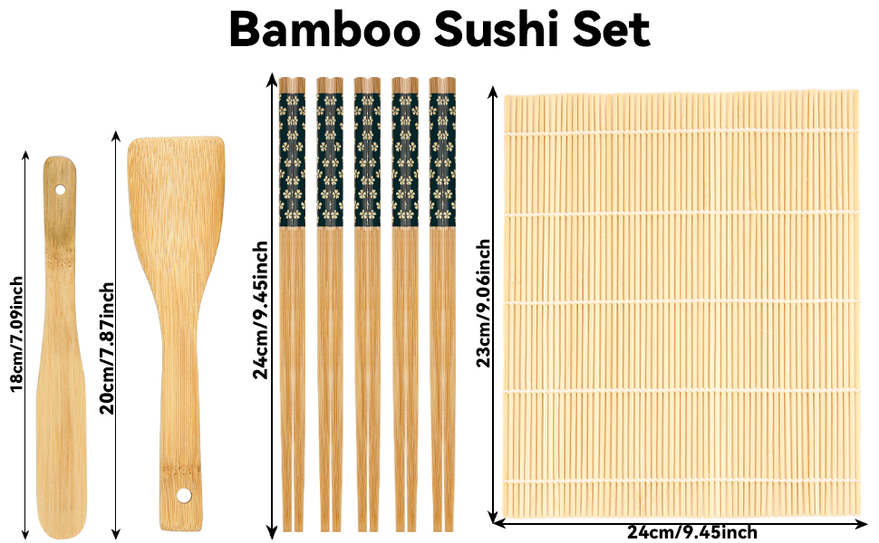 Набір для приготування суші на 10 порцій: 3 бамбукові мати, 5 пар паличок, ніж та ложка для рису. Для початківців та професіоналів