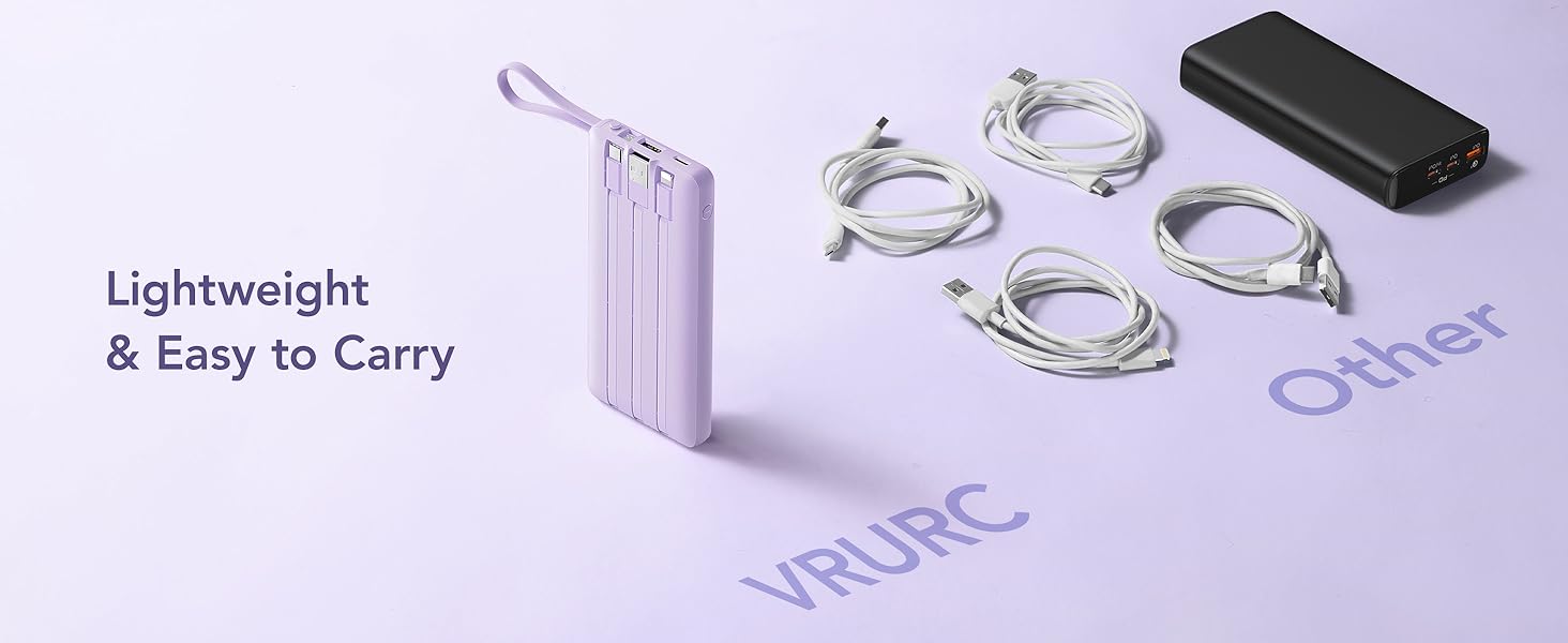 Powerbank VRURC 10000mAh з кабелем: портативний зарядний пристрій USB-C з LED дисплеєм та 5 виходами, 2 входами, сумісний з iPhone, Huawei, Samsung та іншими смартфонами (колір: туманний фіолетовий)
