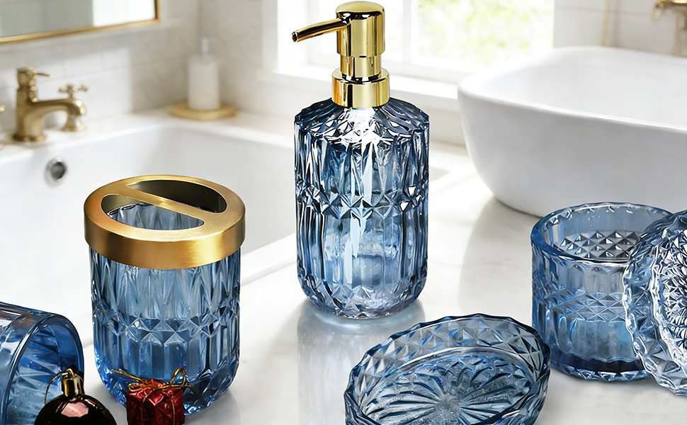 Набір для ванної кімнати скляний 5 предметів Lotionspender синій - розкішний органайзер для ванної (мильниця, стаканчик, тримач для зубних щіток)