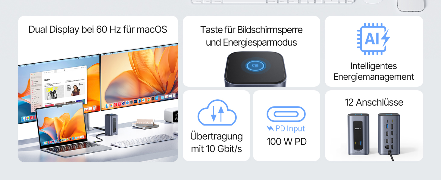 Базаус Док-станція USB-C 12-в-1, сумісна з Dell/HP/Lenovo/Asus/Acer/Mac, 2 монітори 4K HDMI, 10Gbps USB-C/A, 100W PD, Gigabit Ethernet