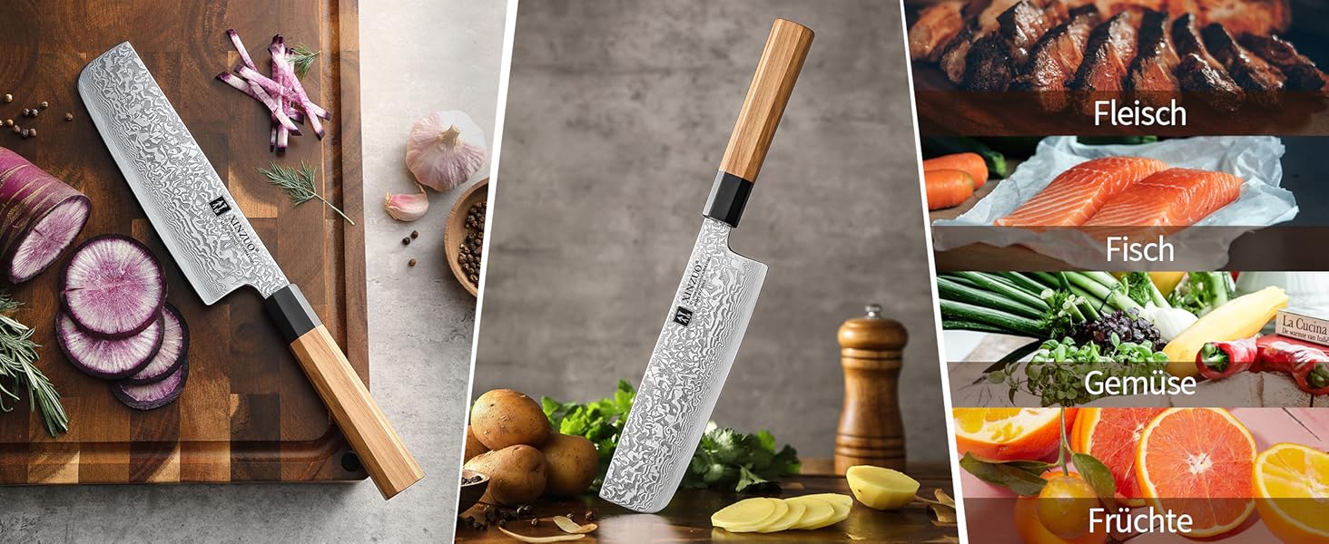 Японський ніж Kirituke XINZUO з дамаської сталі, 21.5 см, Gyuto, ручка з оливкового дерева та чорного рогу буйвола, ручна робота, з піхвою