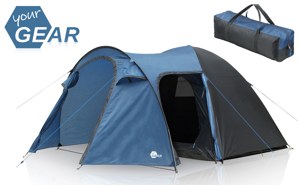 Намет your GEAR Cetona для кемпінгу, 4/5 місць, купольний, 3000 мм водостійкість, 2 входи, висока стеля, темна спальня, синьо-сірий