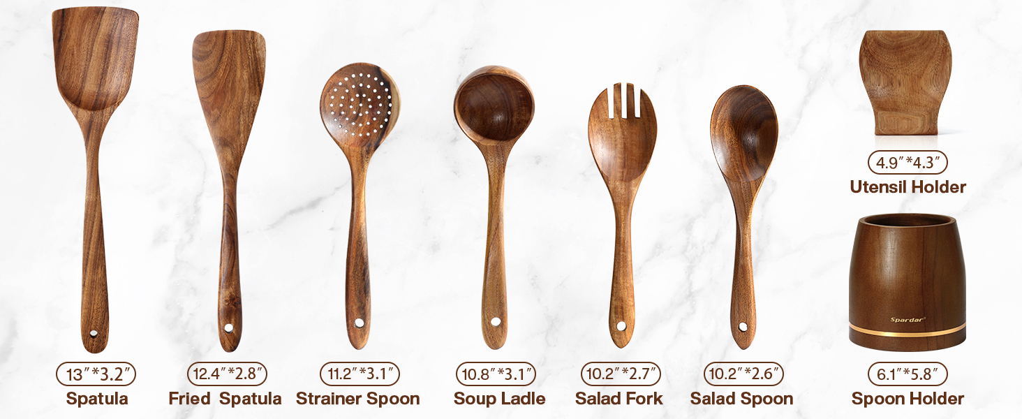 Набір дерев'яних лопаток для приготування їжі Spardar (7 шт.) - лопатки, шумовки, сита, ложки для салату