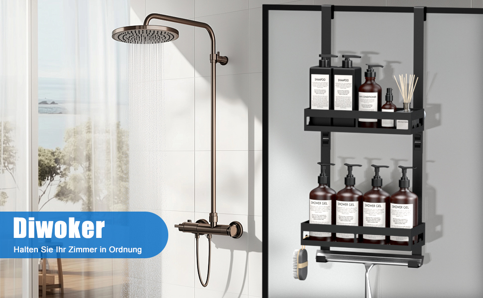 Настінна поличка для душу без свердління, органайзер для ванної кімнати з 2 кошиками, тримач для шампуню, чорний, 2 яруси