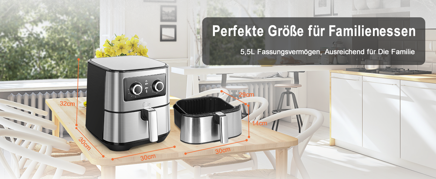 Фритюрниця без олії Uten 5.5L XXL, 1700W, таймер, антипригарне покриття, для 2-8 осіб, темно-сіра