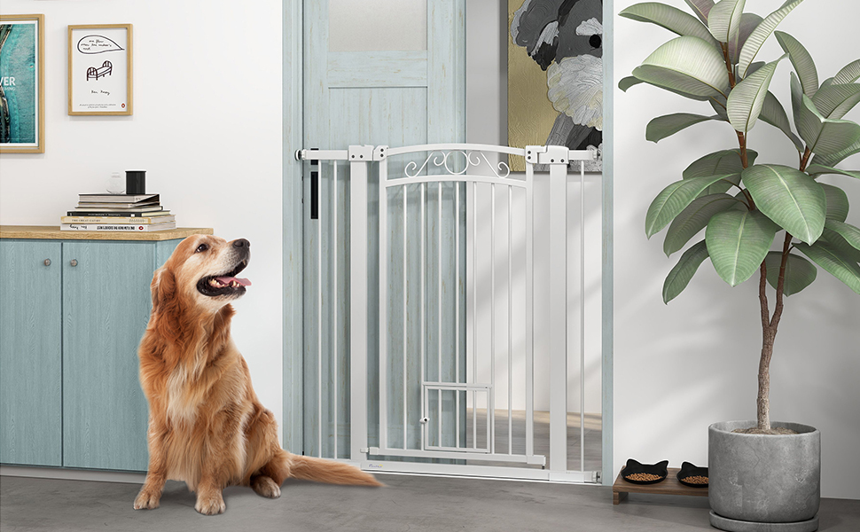 Бар'єр для собак PawHut - регульований, 76-104 см, білий. Безпечне огорожа з двома розширеннями, подвійний замок та маленькі дверцята для сходів та дверей.