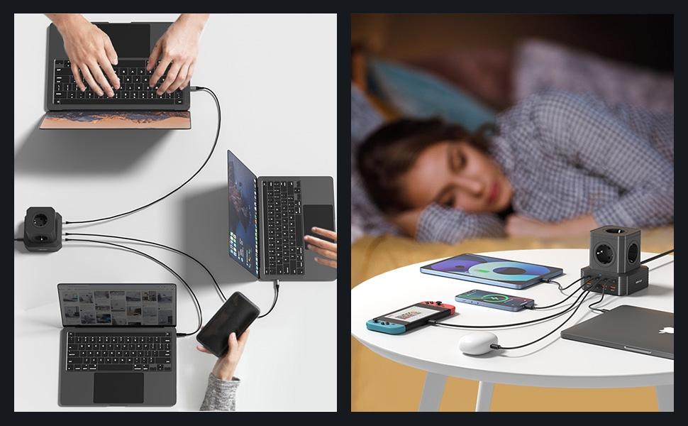 Мережевий фільтр з USB-портами Power Tower - зарядний станція для дому, офісу та студентів. 5 розеток AC, 8 USB (4 USB-C), 2м кабелю, захист від перевантаження