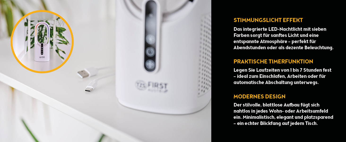 Вентилятор настільний First Austria з акумулятором 2500mAh, USB зарядка, сенсорний дисплей, білий