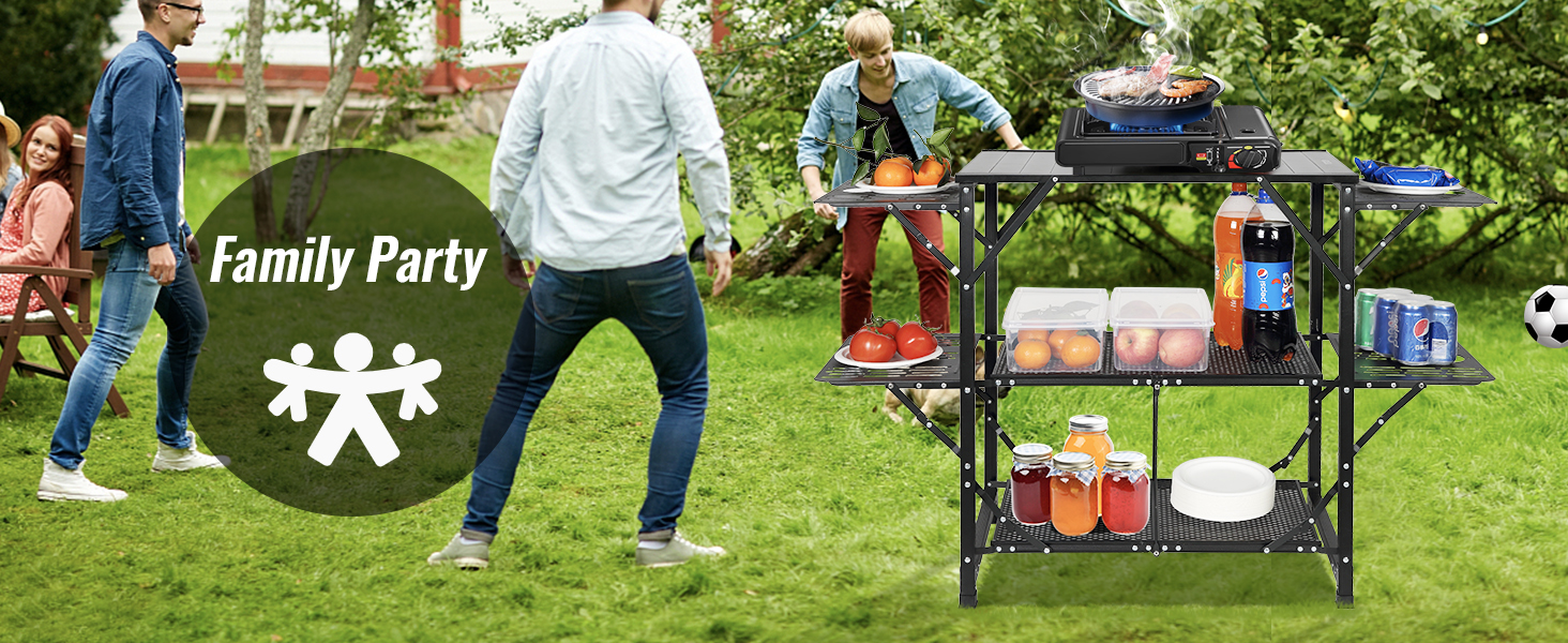 Стіл похідний VEVOR для кухні, алюмінієвий, складний, портативний, з 4 стінками та 2 полицями, з сумкою для перенесення. Для пікніка, грилю, кемпінгу.