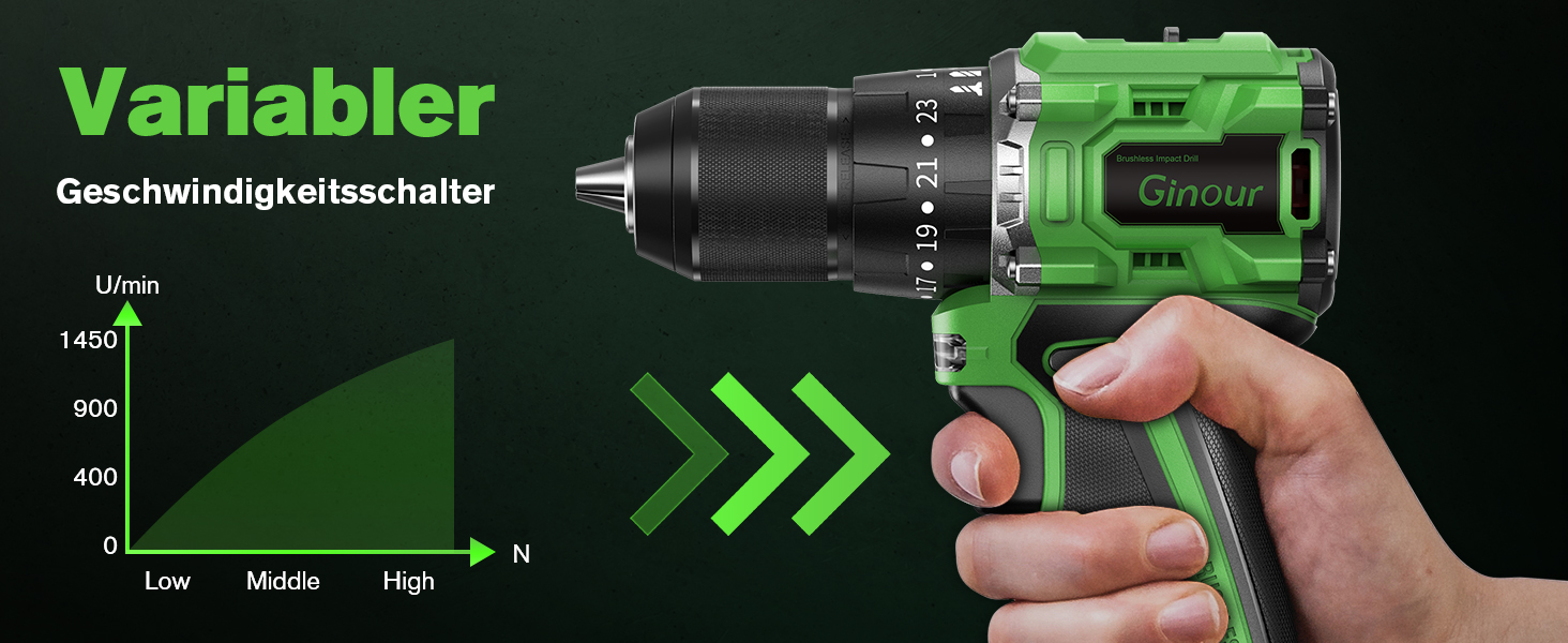 Ginour 21V акумуляторний ударний дриль-шуруповерт, комплект 47 предметів, сумісний з Makita 18V, 50 Nm, 2 швидкості, LED, 10 мм