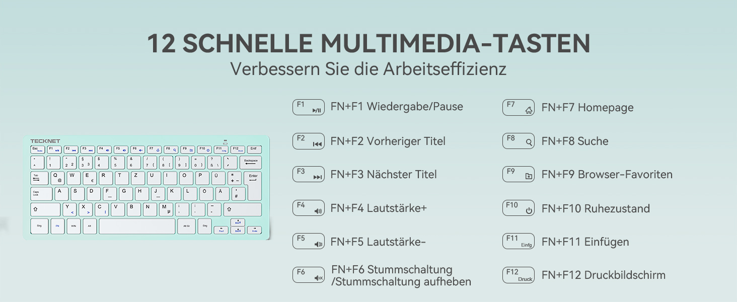 Бездротова клавіатура та миша TECKNET QWERTZ, 2.4 GHz, 15м, тиха, для ПК, ноутбука, Smart TV, білий (зелений)