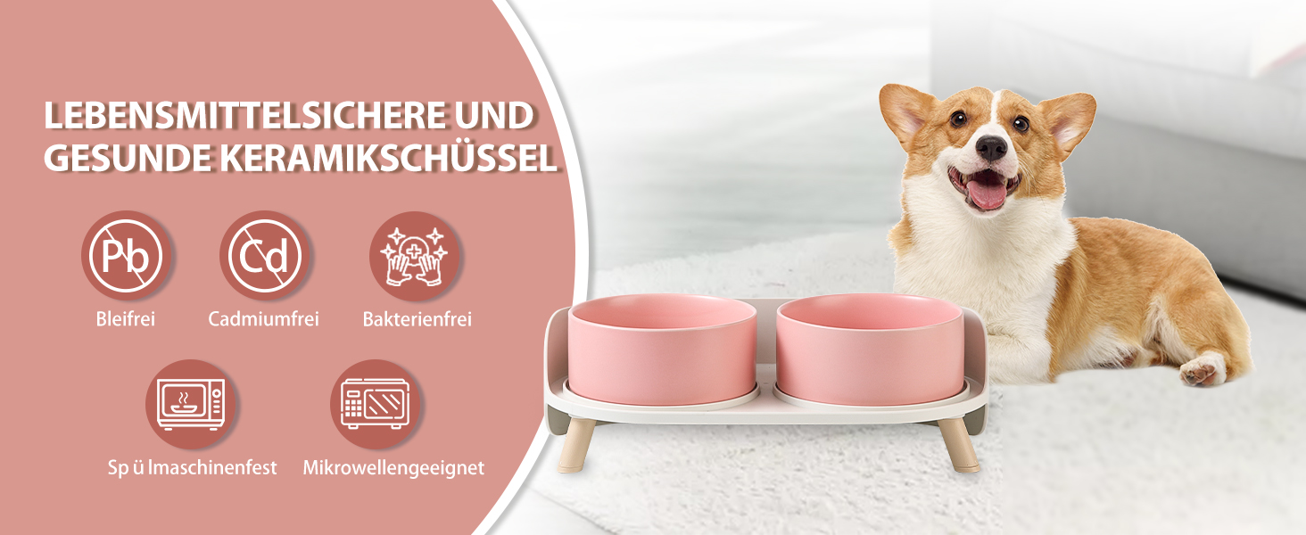 Набір мисок для собак з кераміки - 2 шт. з антиковзним підставкою - годівниця для собак та котів, рожевий колір
