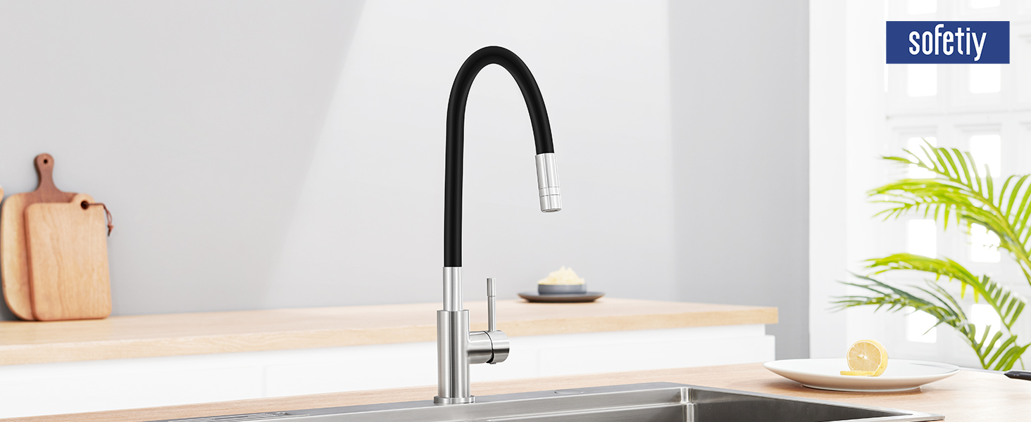 Чорний кухонний змішувач з гнучким виливом, 360° обертання, 2 режими струменя, нержавіюча сталь