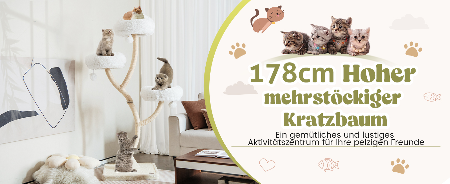 Дерев'яний кігтетопор для котів COSTWAY 178 см з 3 лежаками, плюшевими м'ячиками та сизалевими стовпчиками, великий, з металевим каркасом (Бежевий)