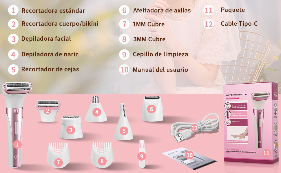 Електричний жіночий тример 5-в-1 для тіла, бікіні, брів та носа. З USB-станцією. Білий