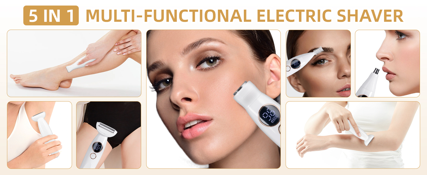 Електричний жіночий тример Carehabi 5-в-1 для тіла, обличчя та бікіні. Вологостійкий (IPX7) з USB-станцією.