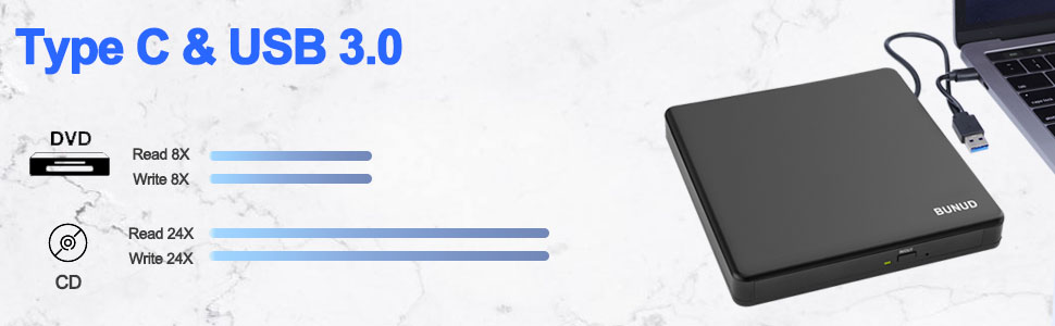 Зовнішній DVD-навігатор та CD-привід BUNUD для Windows 11, Mac, MacBook, PC: USB DVD-записувач та плеєр з картридером SD/TF та 2 USB-портами