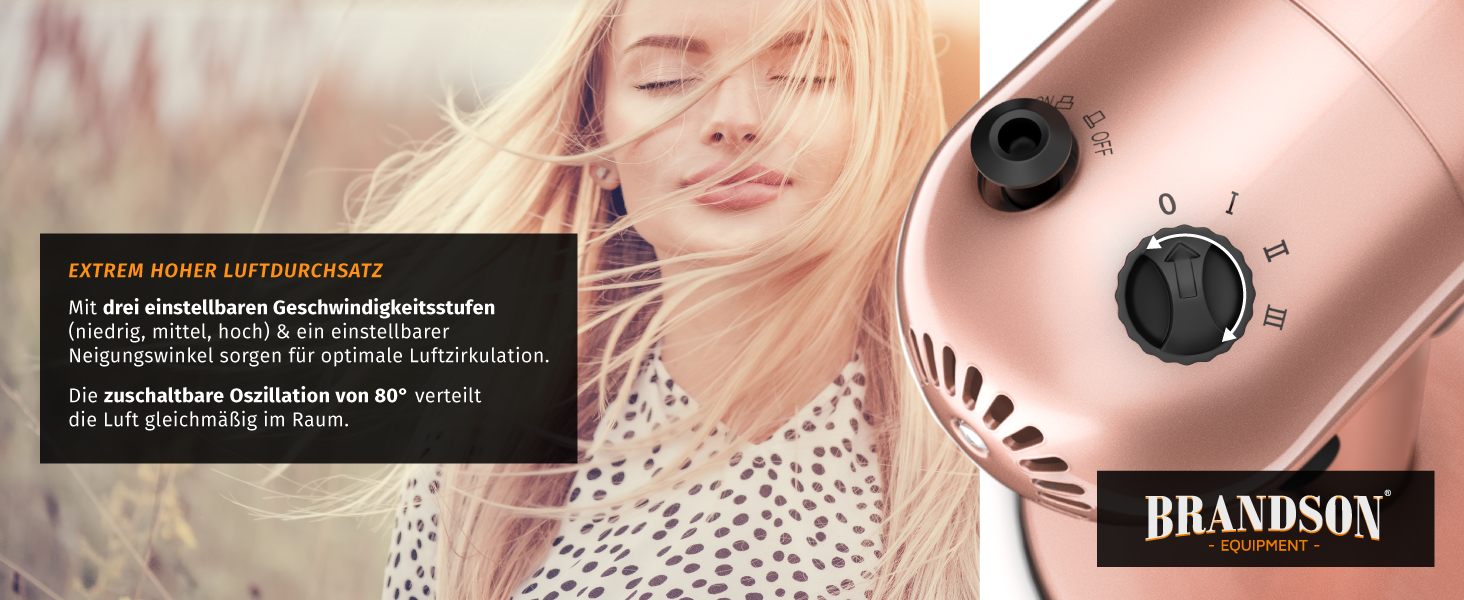 Настільний вентилятор Brandson з мідним дизайном: 3 швидкості, осциляція 80°, нахил 40°, металевий корпус (E: Рожевий)