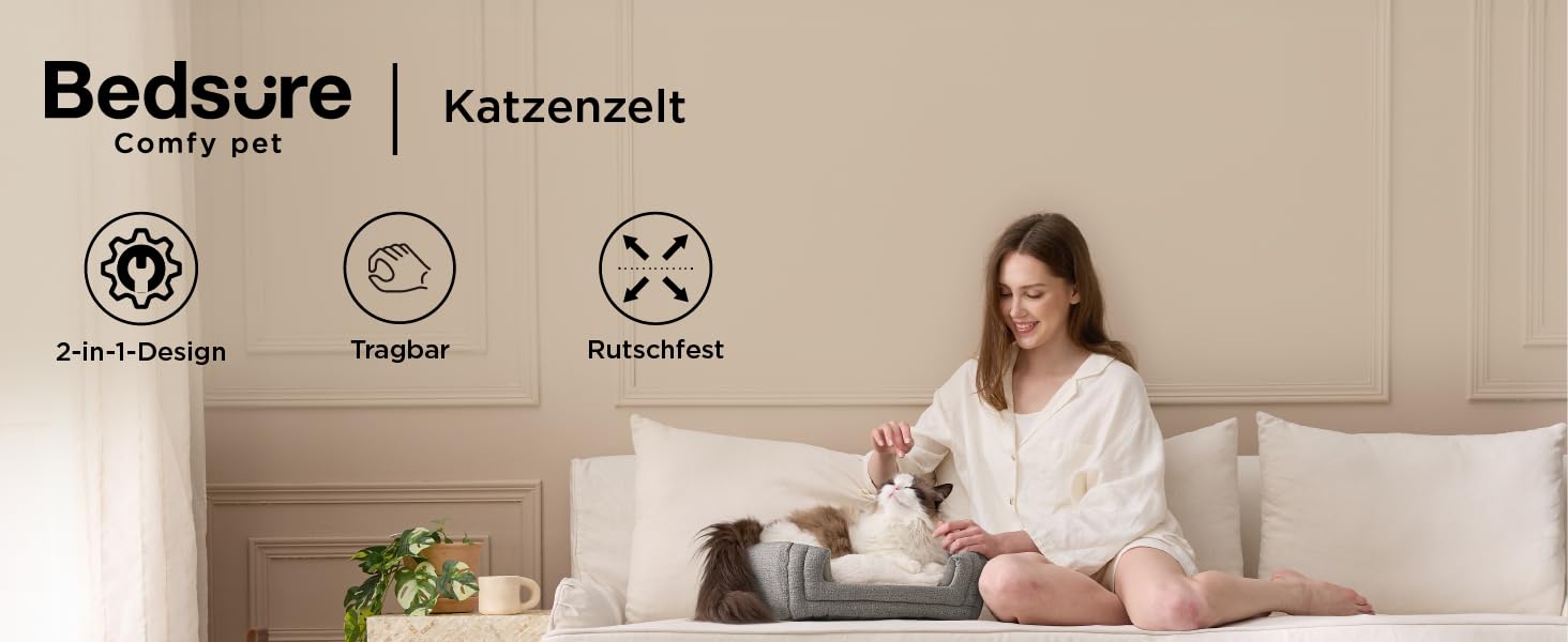 Ліжко для котів BEDSURE велике, 44x44x44 см, хатинка для котів, з м'якою подушкою Sherpa та іграшкою, миється, бежеве