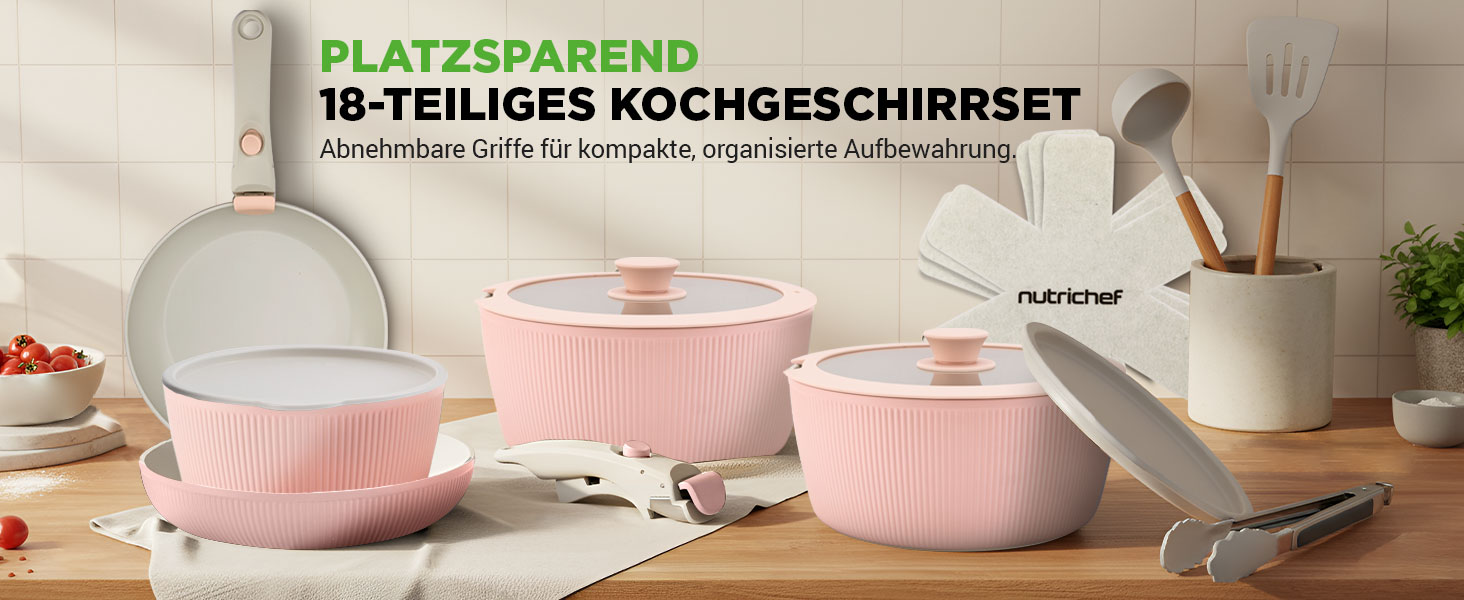 Набір посуду NutriChef 18 предметів керамічний рожевий з знімними ручками, для індукційних плит, антипригарний, компактний, для духовки, універсальний
