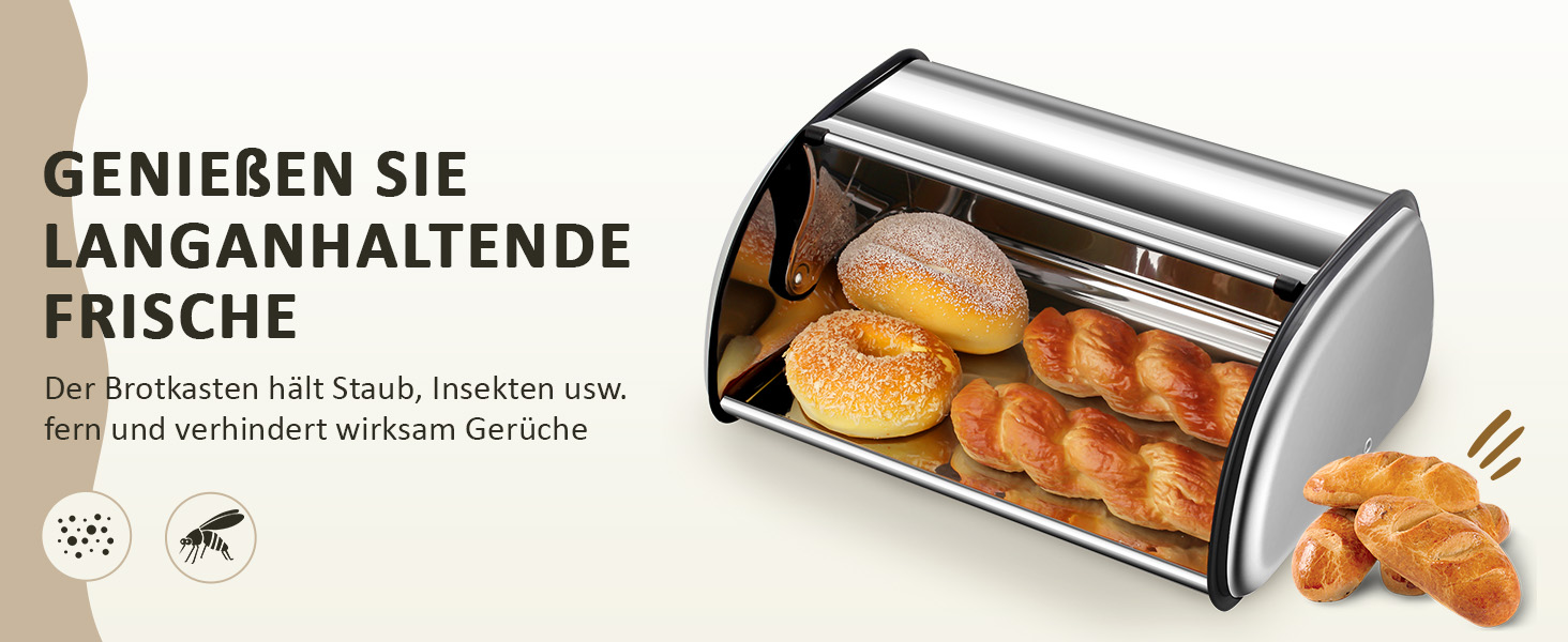 Рибалка Brotkasten з нержавіючої сталі, харчової якості, з кришкою-роллером, 43,5 x 27,5 x 18,5 см, контейнер для хліба, булочок, печива