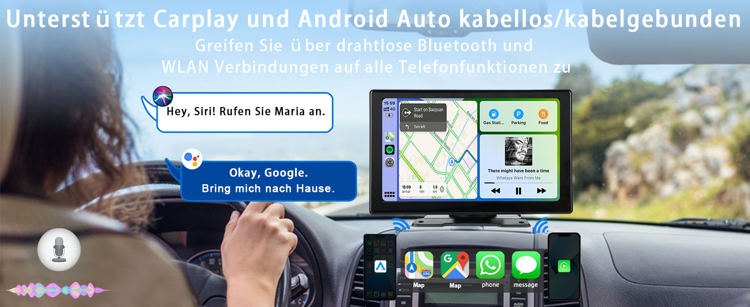 Plimpton 9-дюймовий автомобільний дисплей із бездротовим CarPlay та Android Auto, IPS сенсорний екран, цифровий медіаресивер, Mirror Link, навігація, Bluetooth, AUX