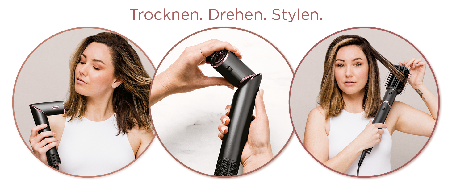 Фен Shark FlexStyle Multi: 3-в-1 для догляду за волоссям, Auto-Wrap, без пошкодження, для всіх типів волосся (чорний/рожеве золото)