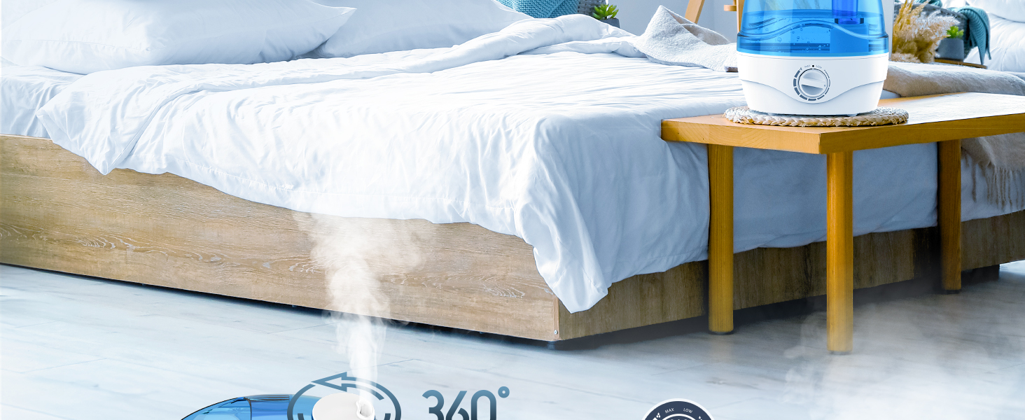 Зволожувач повітря 2.2L для спальні з обертовою насадкою 360°, тихий 28dB, автовимкнення, до 24 годин роботи, легкий у чищенні, для кімнати, дитячої кімнати, рослин