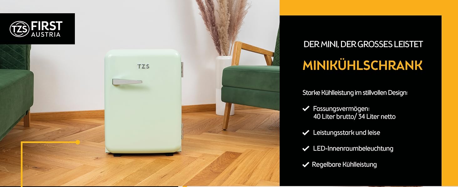 Міні-холодильник TZS First Austria 40L, безшумний, ретро-дизайн, регулювання температури, LED-підсвічування, 2 полиці на дверях + 6 гнучких полиць, м'ятний колір
