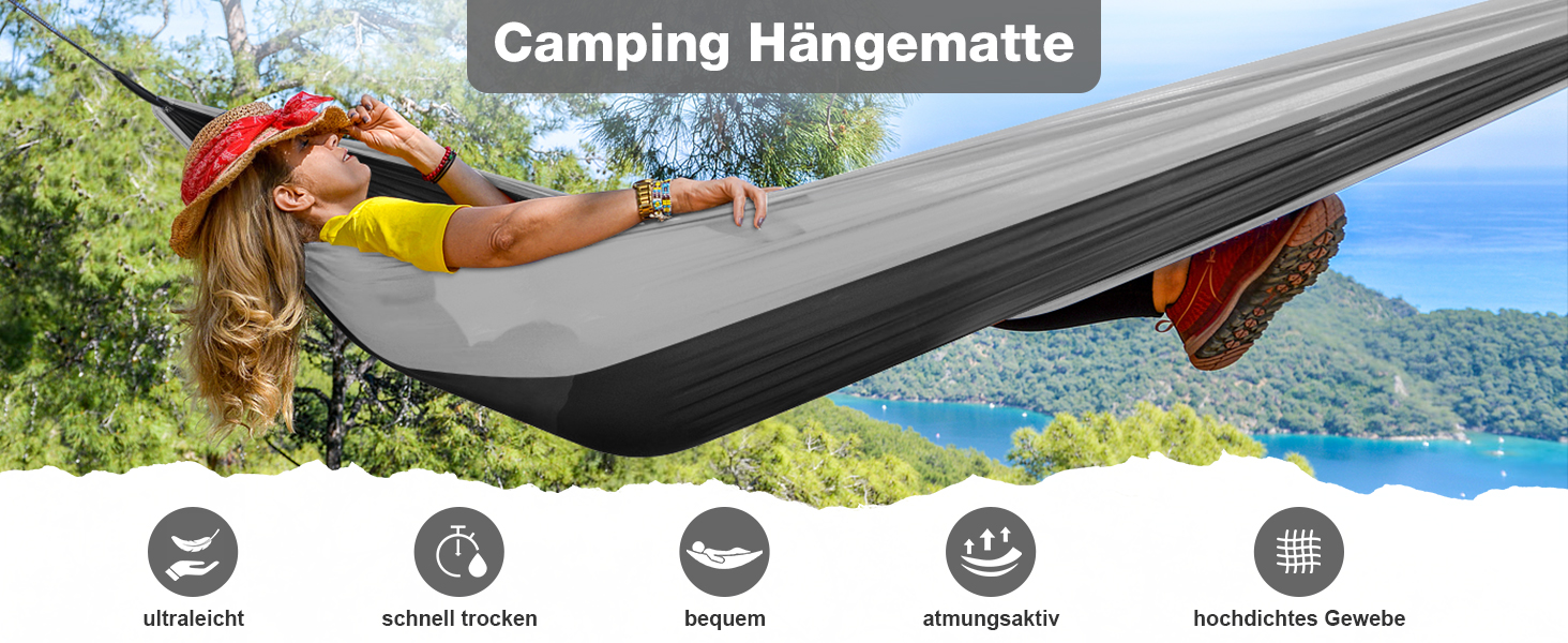 Гамак дорожній Camping 295x140 см, вантажність 350 кг, з карабінами та ременями, чорно-сірий