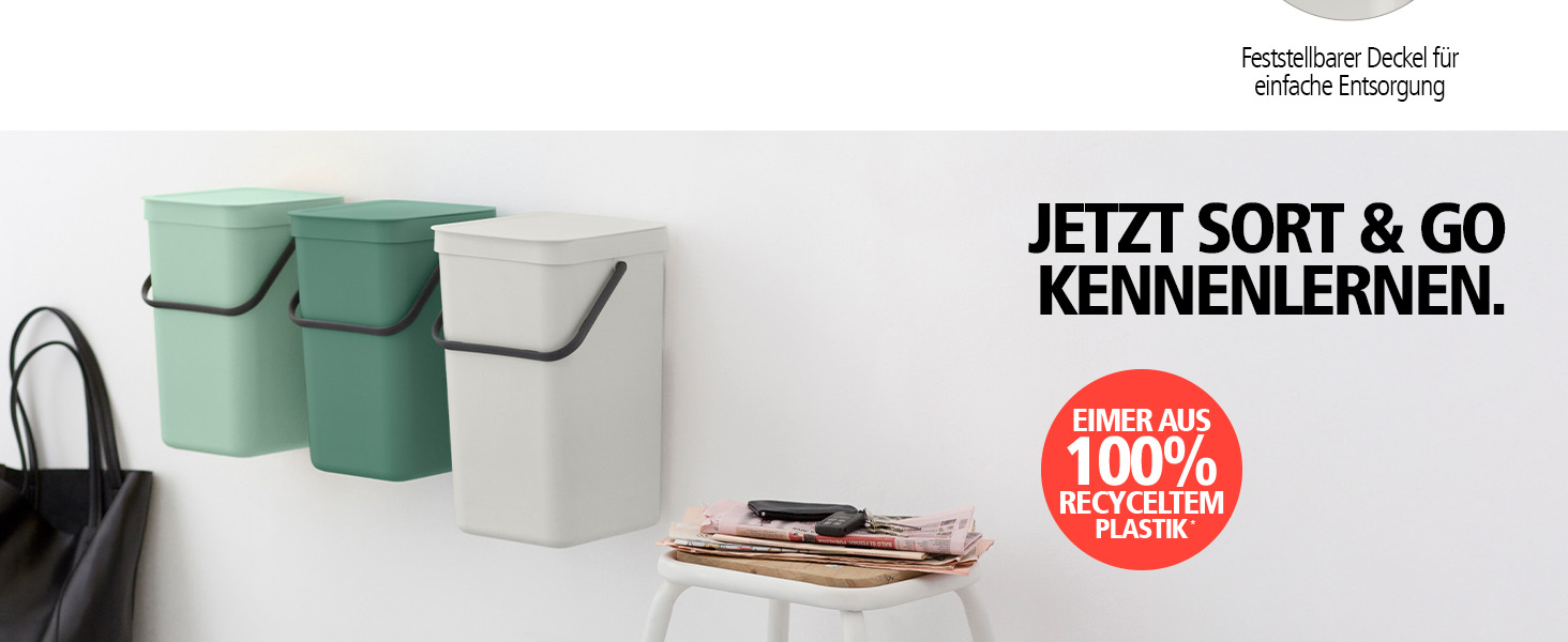 Сміттєвий кошик Brabantia Sort & Go з кришкою, 16 л, Jade Green (світло-зелений) — компактний контейнер для сортування відходів та тари