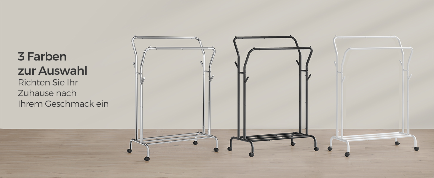 Стійка для одягу SONGMICS на колесах, 2 перекладини, срібна, до 100 кг, 103,5 см