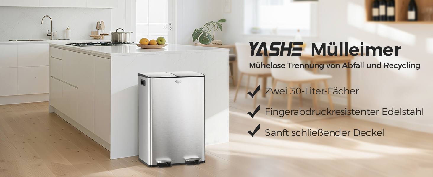 Сміттєвий відер YASHE на 60л (2х30л) з кришкою та педаллю, кухонний смітник із нержавіючої сталі з системою Soft-Close та внутрішніми відрами, комплект з 20 пакетами