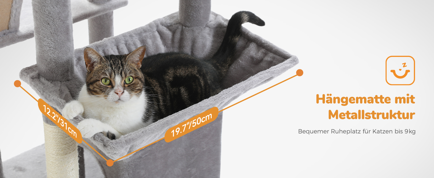 Кігтеточка Petpela 180 см, багатоярусна для великих котів, з 6 стовпчиками з сизалю, 2 ігровими дощечками, 2 платформами, гамаком та 2 іграшками, плюшевий матеріал, сірий колір