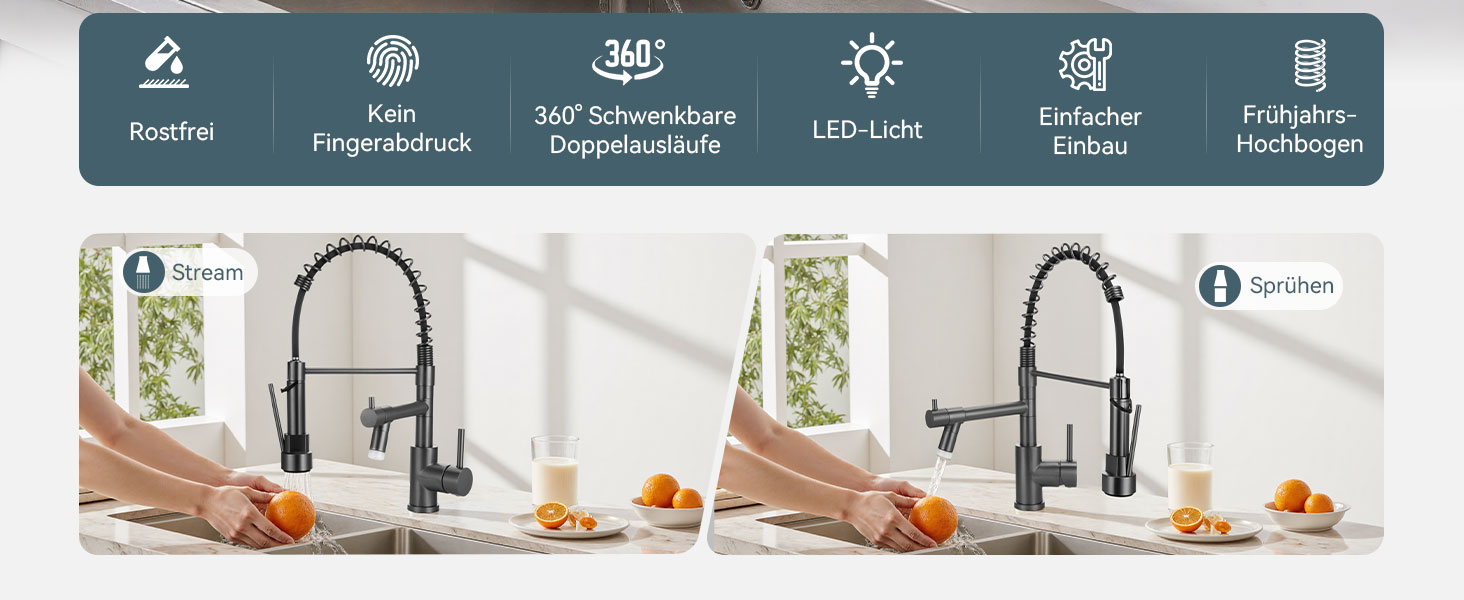 LED кухонний змішувач Warmiehomy з поворотним виливом 360°, 2 виходи, високий вигин, спіральна пружина, чорний