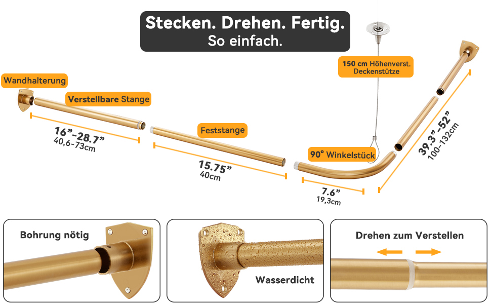 Штанга для душу L-подібна, регульована, з кріпленням для завіси та підпоркою для ванни/ванної кімнати, 12 кілець, монтаж болтами (Золото, 60-130см x 60-130см)