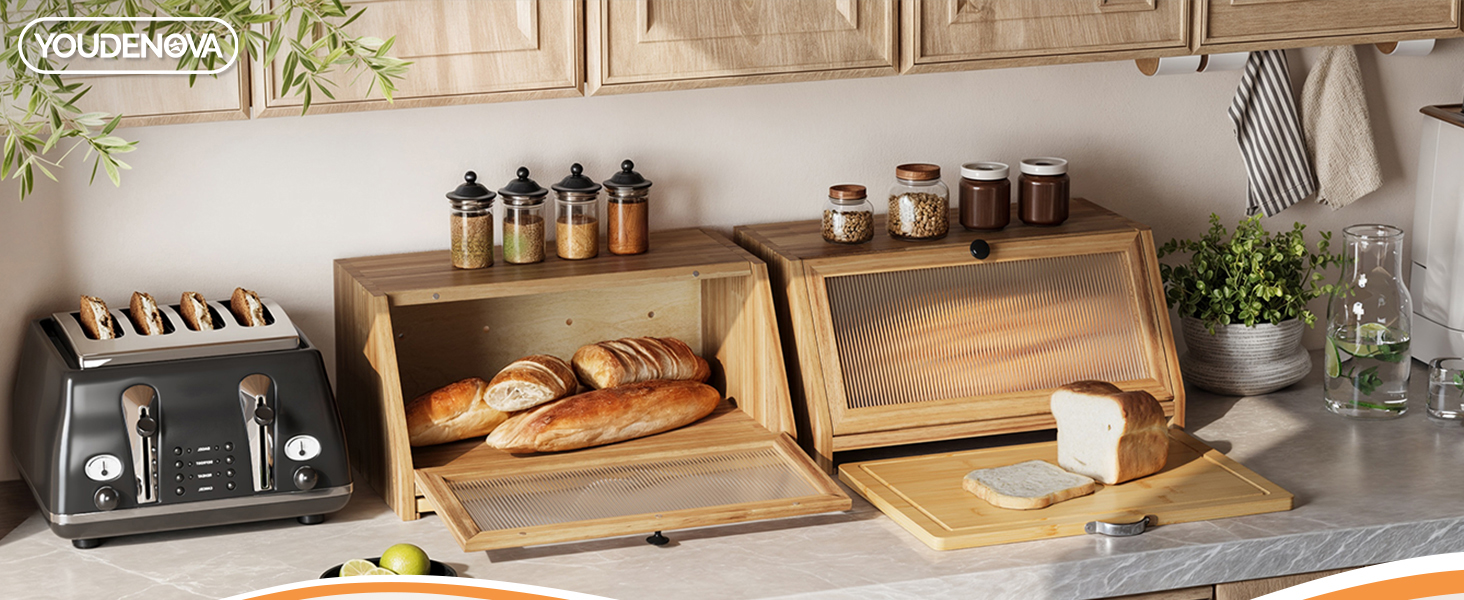 YOUDENOVA Скринька для хліба з дощечкою для нарізання, дерев'яний кошик для хліба, коробка для зберігання, бамбукова коробка для хліба, солі та перечниці, 39x25x20 (ДхШхВ) см, (Bois)