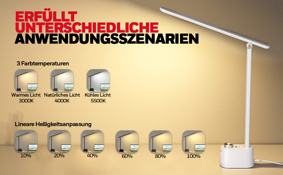 Лампа настільна Honeywell з USB-портом, диммер, захист очей – для дому та офісу, складна, портативна, HWT-H01 (біла)