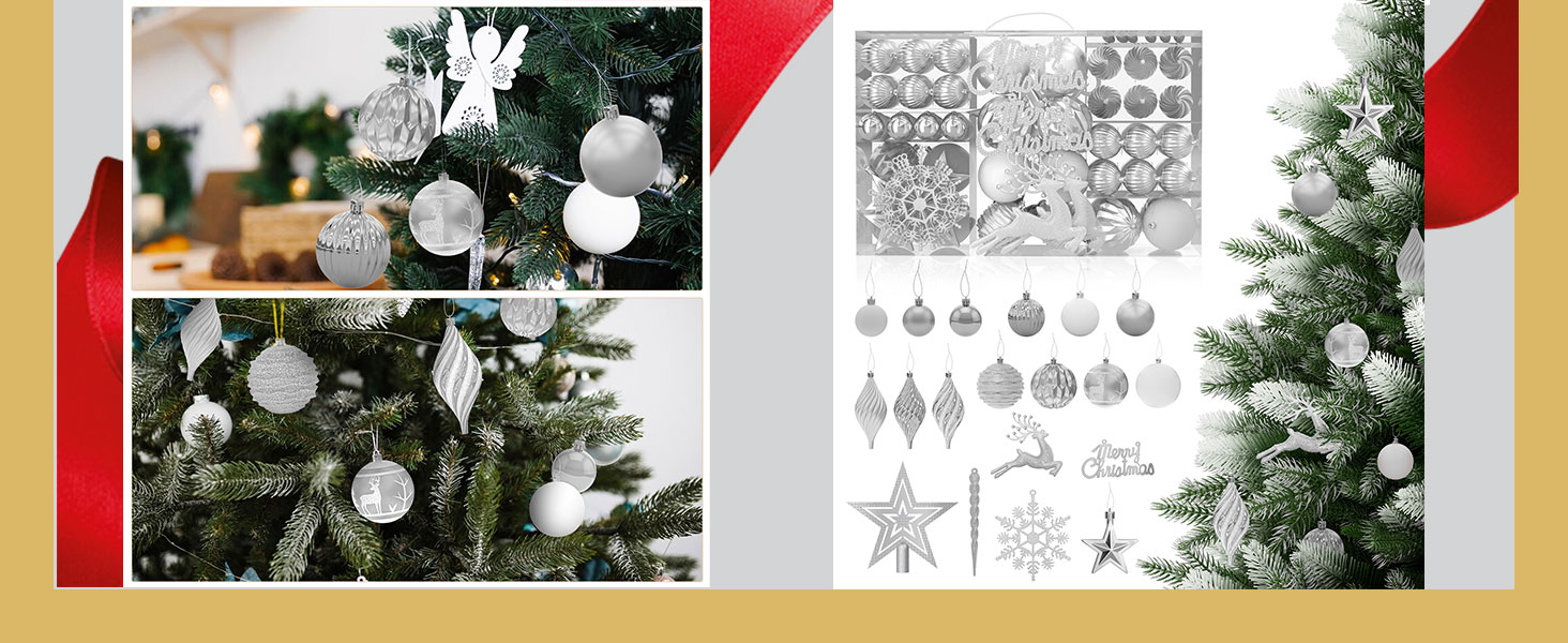 Набір прикрас для ялинки Aufun 108 шт. Преміум якість, пластик, з верхівкою, ялинкові кулі, зірки, безпечні прикраси, ялинкові кулі багаторазового використання, декор для ялинки (шампань, срібло)