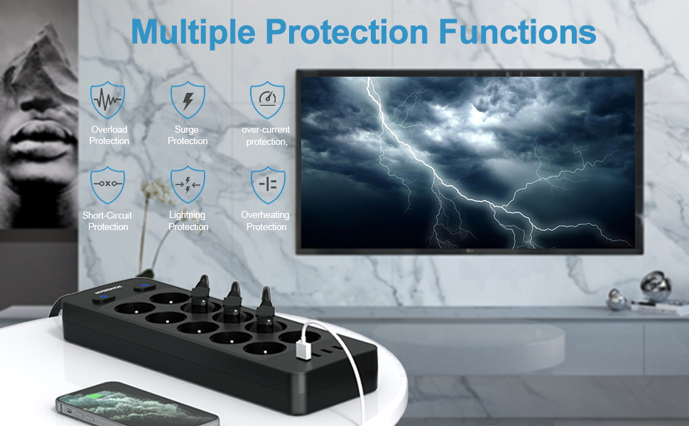 Мережевий фільтр NVEESHOX з 10 розеток, 3 USB-A та 1 USB-C (20W PD), з індивідуальними вимикачами, захист від перенапруги, 2м, для дому та офісу (Чорний)