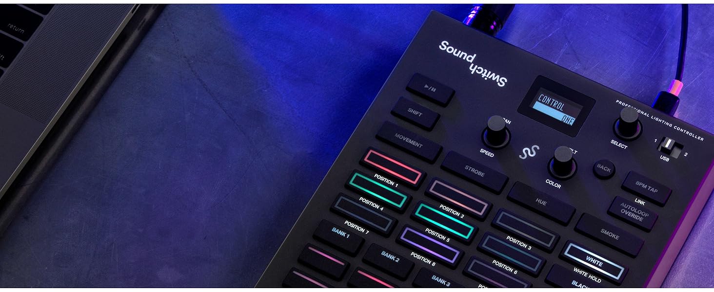 SoundSwitch Control One – Професійний контролер освітлення DMX для DJ з 3 місяцями доступу до програмного забезпечення SoundSwitch, підтримка DMX та Phillips Hue. Чорний колір