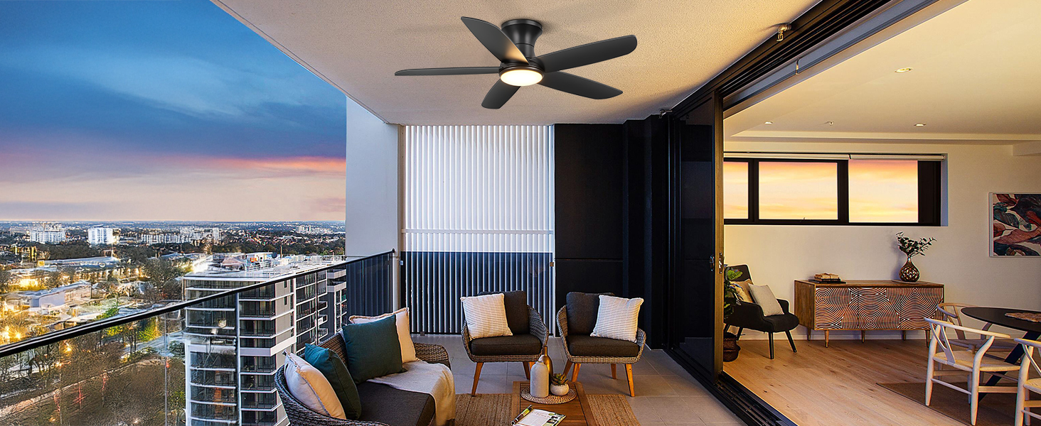 Стеляний вентилятор Ohniyou з підсвіткою та пультом дистанційного керування, 117 см, керування через додаток, регулювання яскравості, тихий DC-двигун, для спальні, тераси, кухні, чорний