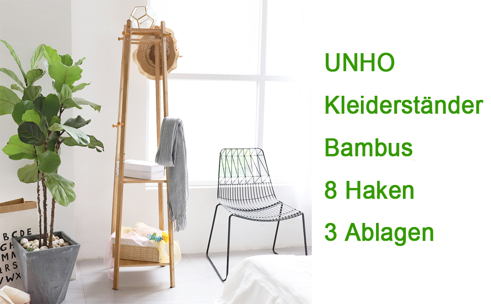 Bamboo Clothes Rack Coat Stand with 8 Hooks and 3 Shelves for Shoes, Hats, and Scarves, for Hallway, Living Room, and Guest Room