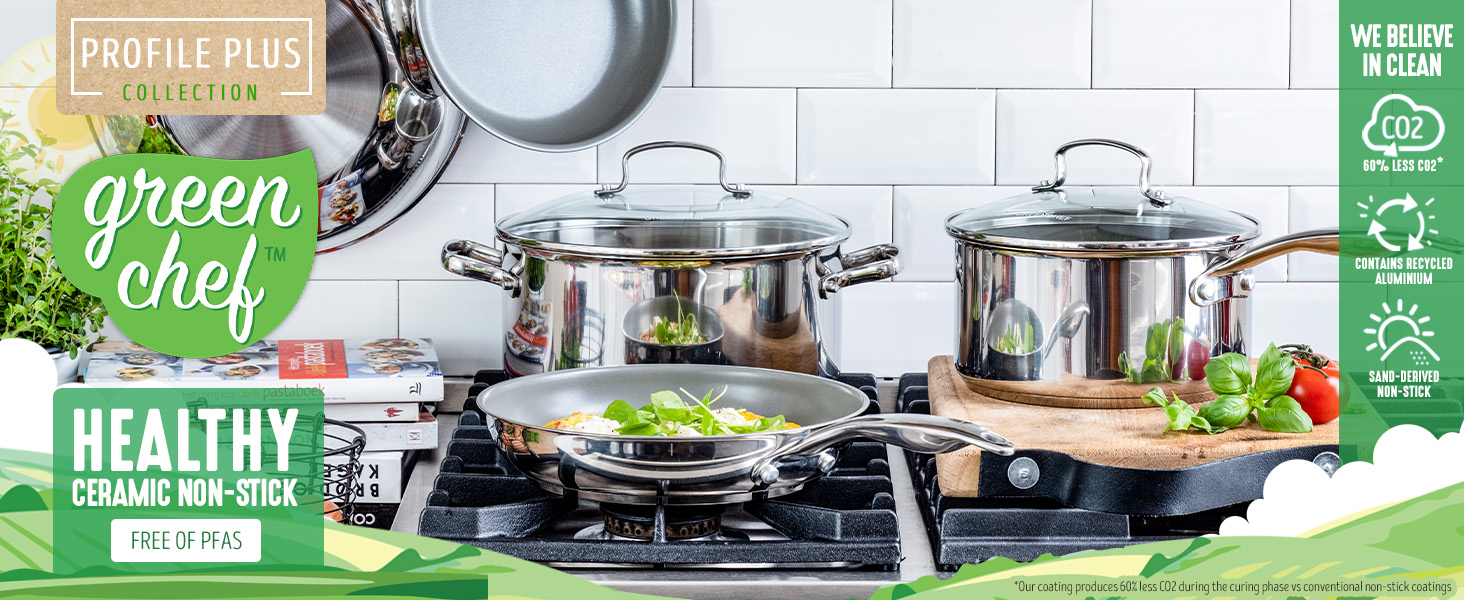 Каструля GreenChef Profile Plus 18 см, 2,1 л, антипригарна кераміка, нержавіюча сталь, з кришкою із загартованого скла, PFAS-free, для індукції, жароміцна до 200°C, срібляста, сіра всередині