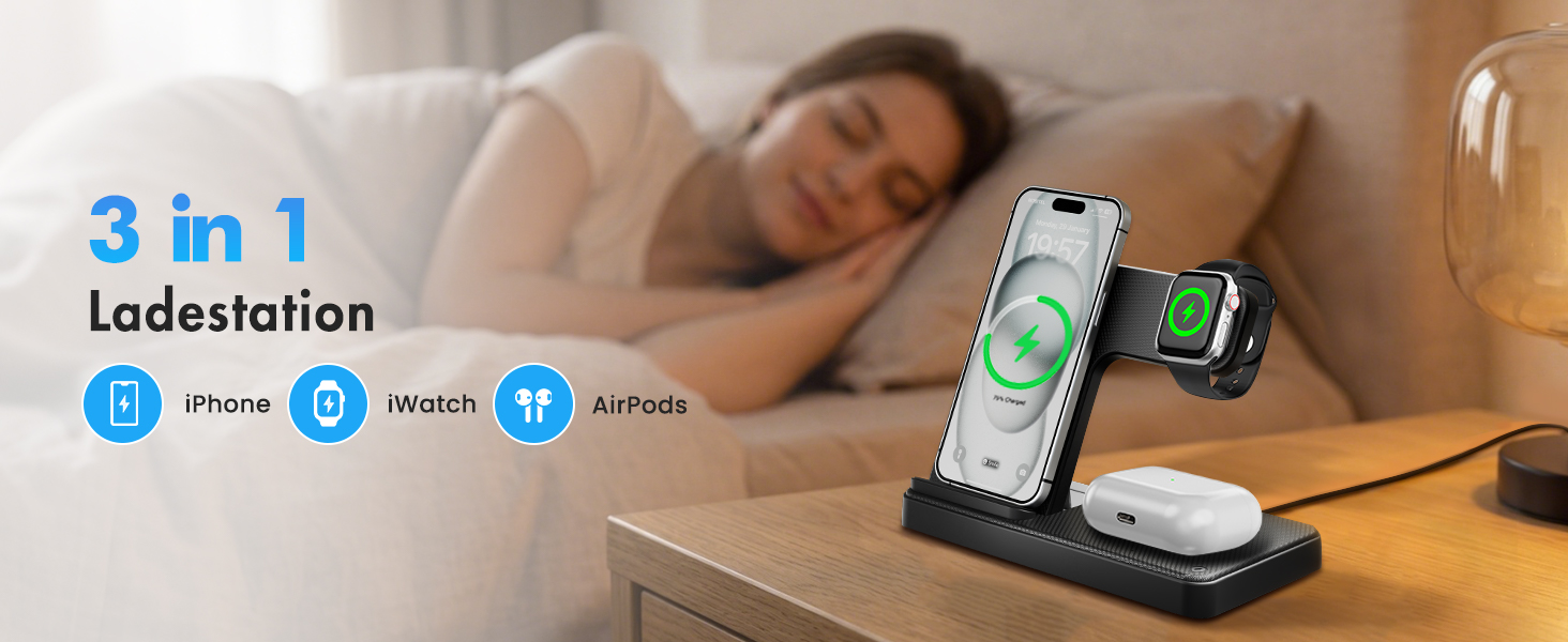 Бездротова зарядна станція 3-в-1 15W для iPhone 17 Pro Max/Plus, Apple Watch Ultra/SE, AirPods Pro (Рожева) A03