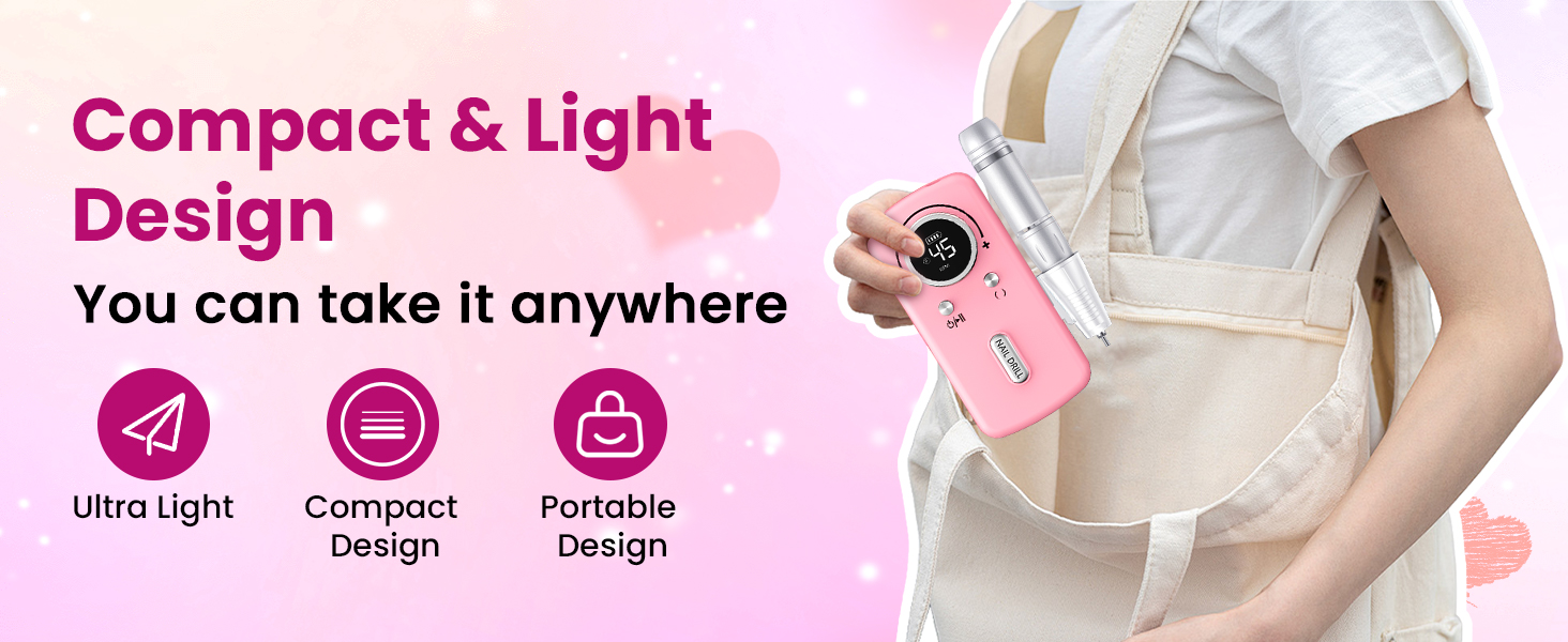 Професійний портативний фрезер для нігтів 45000 об/хв з LCD-дисплеєм (рожевий)