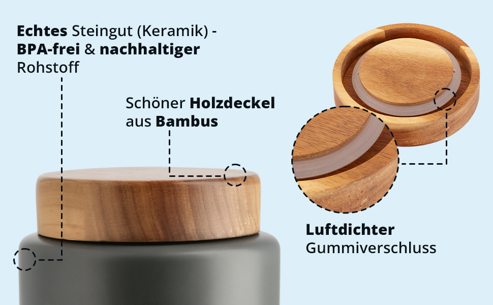 Кришка для кави, бак для кави, керамічна, 1 літр, сірий, з дерев'яним кришками, герметична