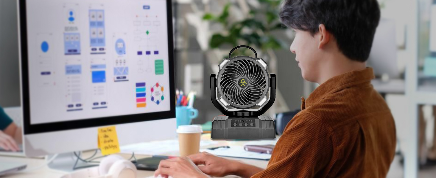 Портативний вентилятор для кемпінгу з акумулятором 10000mAh, LED-ліхтар, 270° обертання, USB-зарядка, для намету, відпочинку на природі, риболовлі, офісу (Чорний)