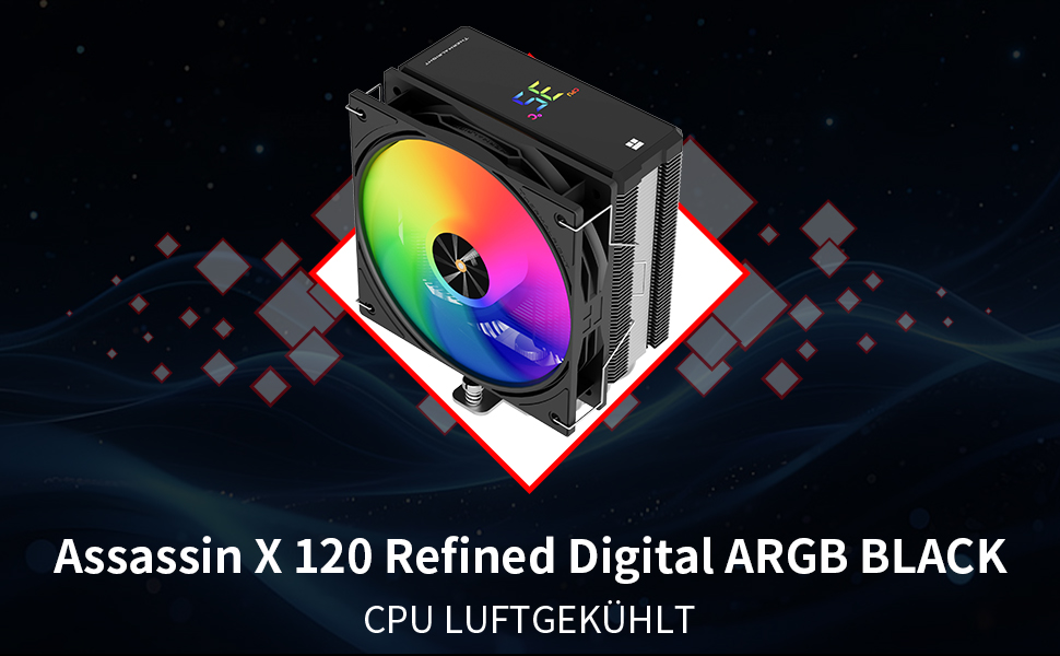 Assassin X 120 ARGB: Кулер для CPU з цифровим дисплеєм, 4 теплові трубки, 120 мм вентилятор, підтримка AM5/AM4, Intel LGA1851/1700, чорний